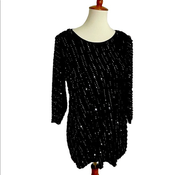 Kim Rogers Sparkly Silver Eyelash Ruffle Black Womens Petite Large Tunic Top - Picture 1 of 8